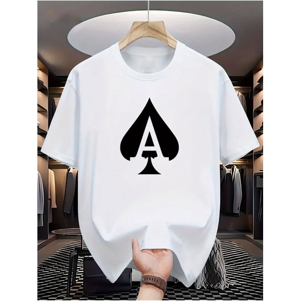 Camiseta informal de cuello redondo para hombre con estampado de as de picas "A", tejido de punto 100 % poliéster, ligeramente elástica, manga corta de moda veraniega, corte estándar, 180 g/m² - Blanc