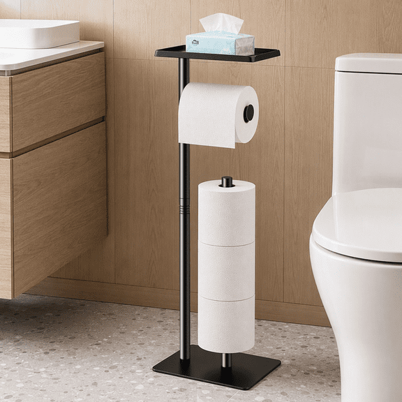 Mibote Toilet Paper Holder Free Standing with Storage Shelf, Metal Bathroom Tissue Holder for 4 Rolls, Matte Black