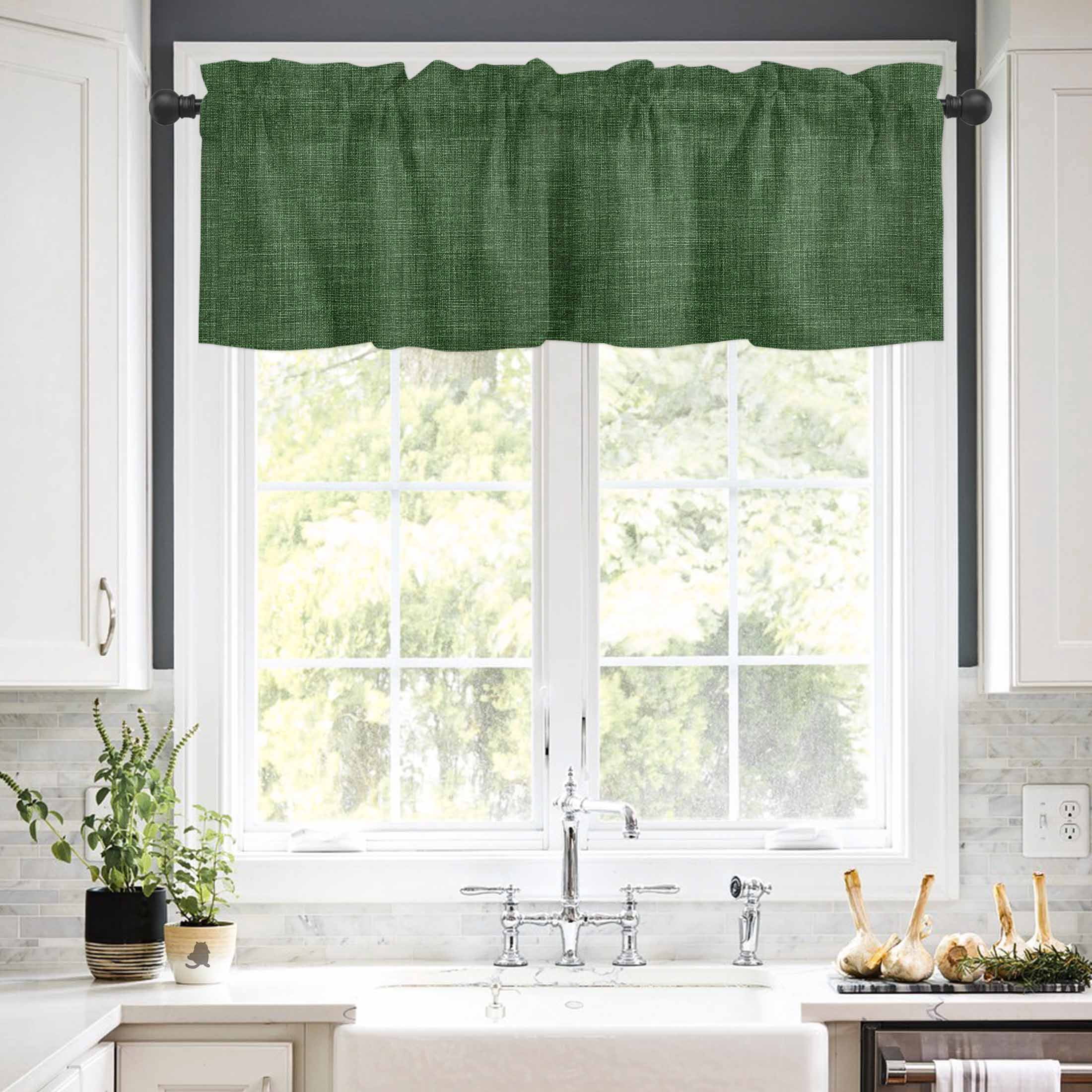Vintage Dark Valances for Windows Green Linen Texture Farmhouse Rod Pocket Curtain Valance Window Treatment Short Curtains for Kitchen Living Room, 60"x18"