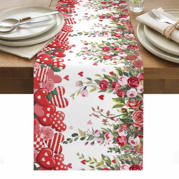 Valentine's Day Table Runner - 48 Inch Long, Kitchen Dining Table Runner Dresser Scarves, Spring Love Roses Floral Botanical Watercolor Farmhouse Decor for Coffee Tables Wedding Party Banquet