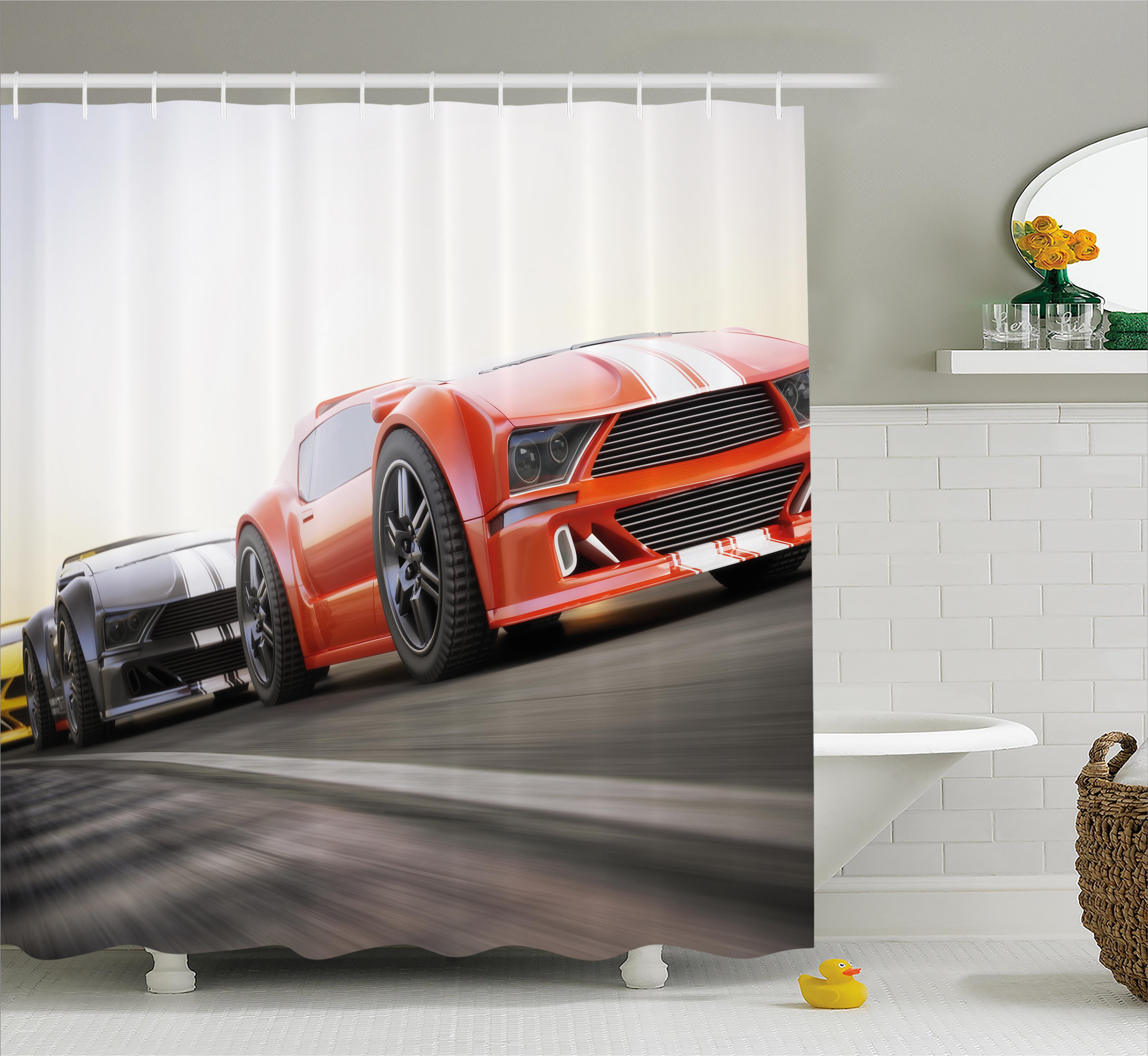 Cars Decor Shower Curtain Set, Sports Car Competing on the Highway One
