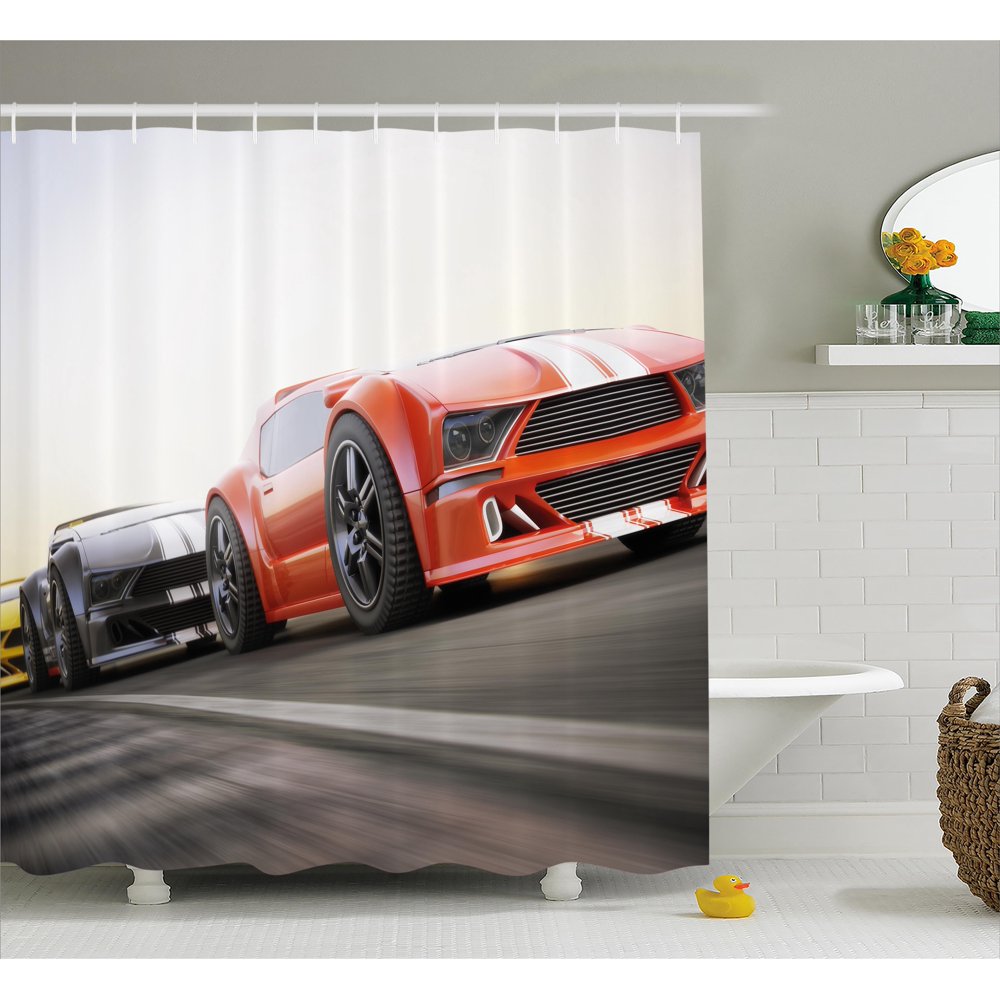 Cars Decor Shower Curtain Set, Sports Car Competing on the Highway One