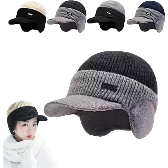 Windproof Thermal Cap with Visor, Winter Knitted Earflap Hat with Brim and Ear Flaps, Fleece Lined Thermal Beanie for Unisex Cold Protection Outdoor Activities.