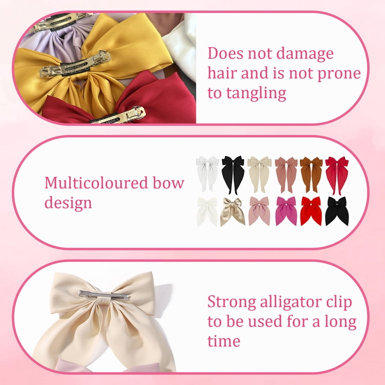 12pcs Silky Satin Hair Bows Set - 6 Long Tail Ribbon Clips 