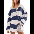 thumbnail image 2 of Suéteres de Cuello en V y Larga con Botones y Bloques de Color A Rayas para Mujer, Moda de Otoño 2025, Talla Grande y Azul L, 2 of 7