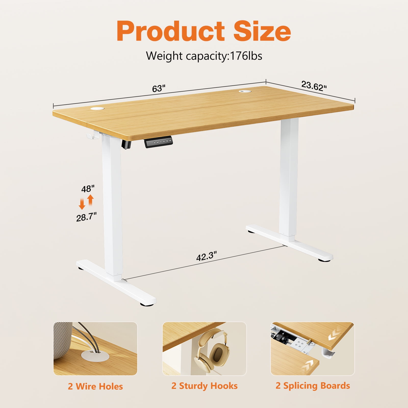 EDX Electric Adjustable Standing Desk - 63"x24" Sit-to-Stand Office Desk with 2 Hooks & Wire Hole