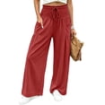 thumbnail image 2 of CQONEPT Smocked Waist Pants for Women Wide Leg Fall Casual Lounge Pant High Waisted Palazzo Ruffle Full Length Soft Trousers with Pocket Red XL, 2 of 7