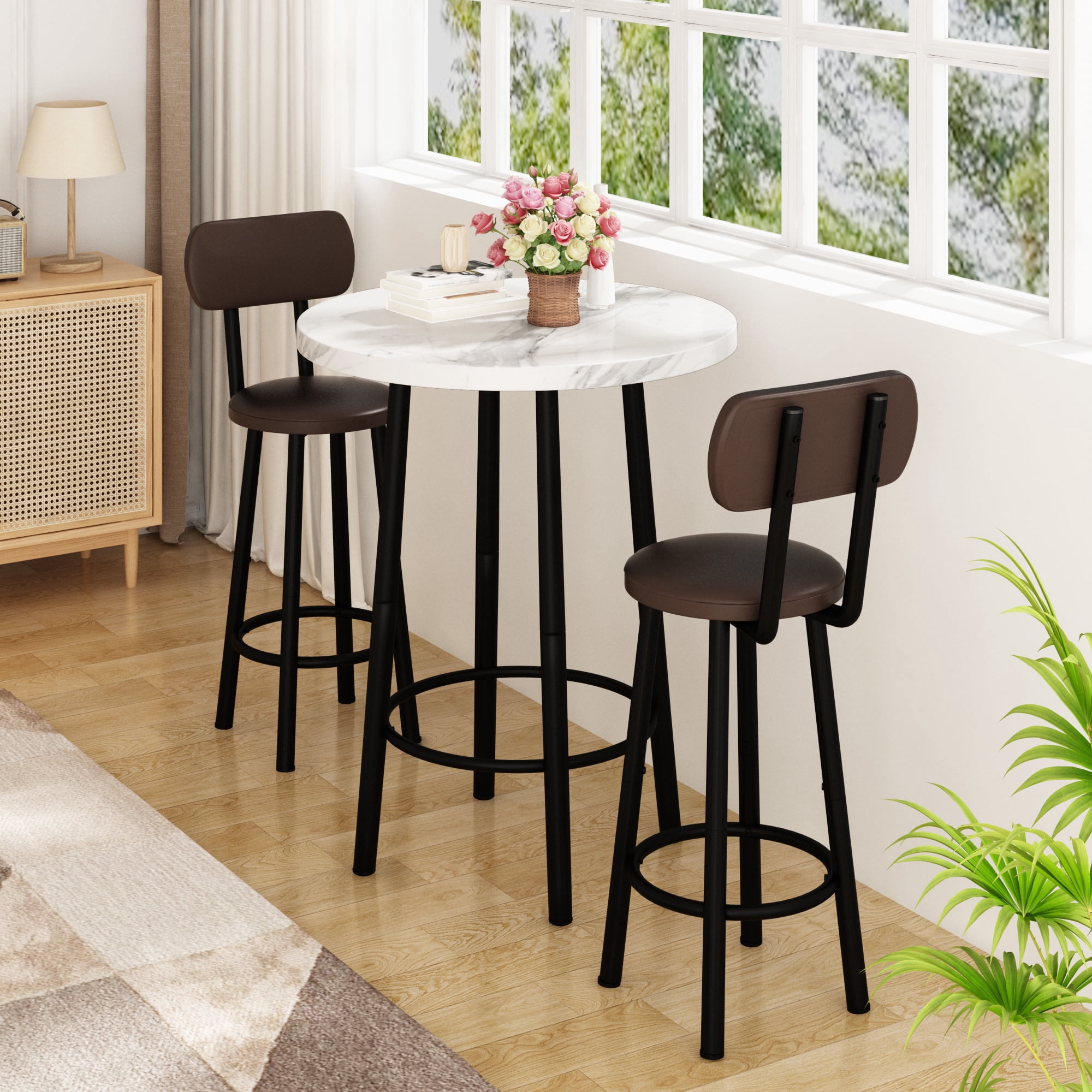 MIERES Round Marble Dining Table Set, 2-Seater Kitchen Dining Set with Two Bar Stools, Compact Dining Table, White