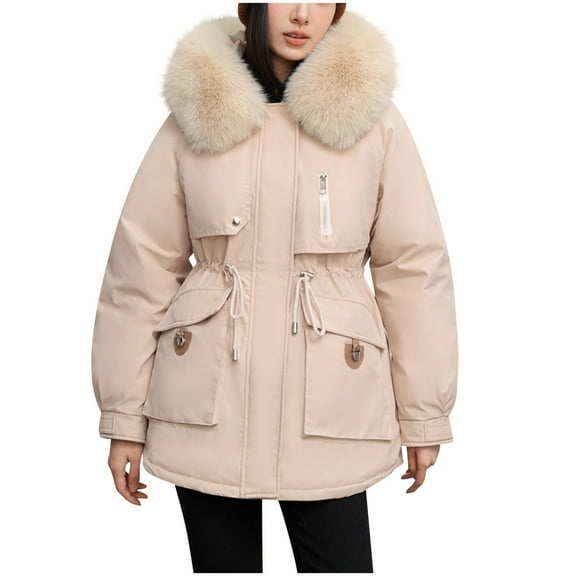 JGGSPWM Women's Winter Warm Puffer Coat Drawstring Waist with Pockets, Faux Furry Collar Jacket for Cozy Style Beige M