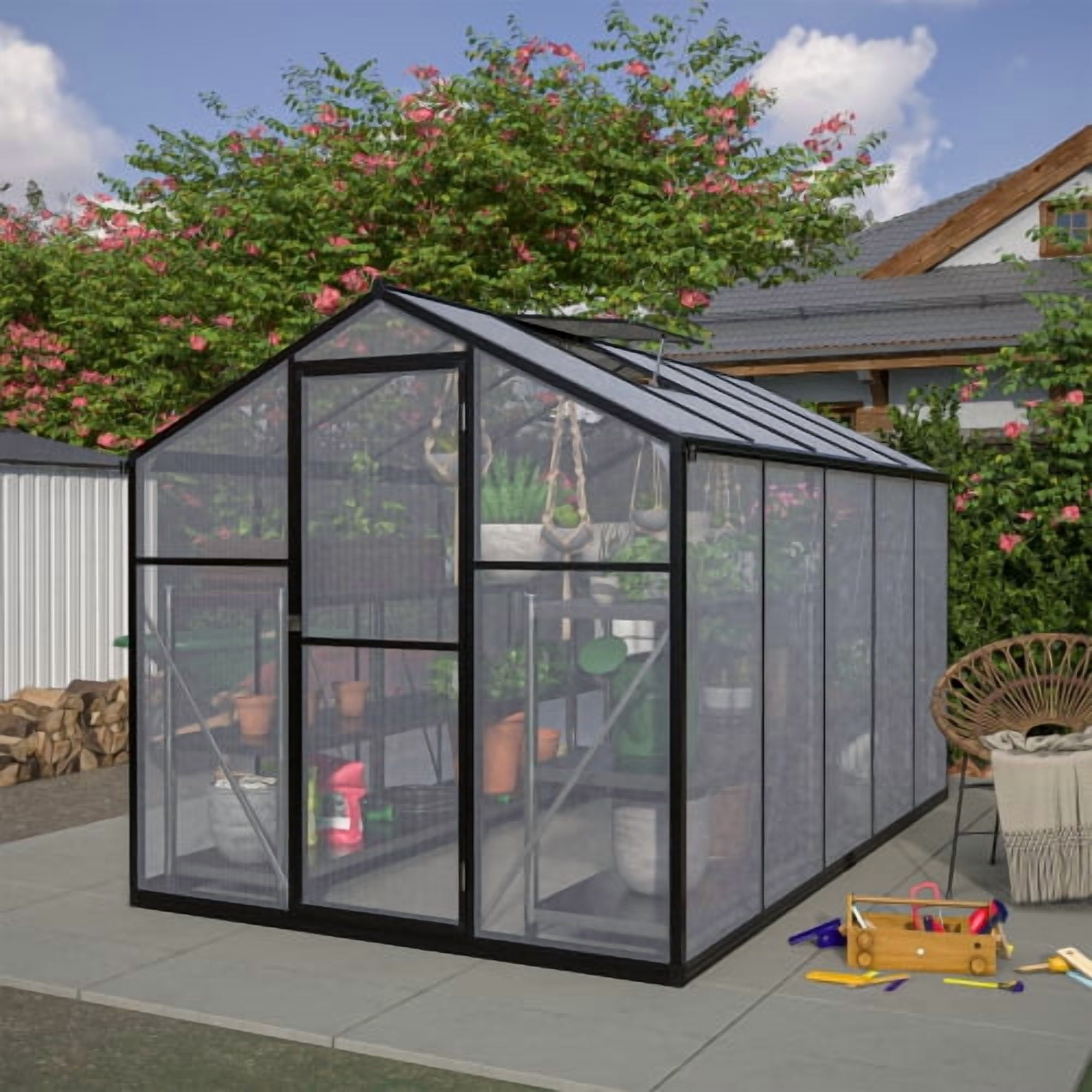 Thanaddo 6'x8' Polycarbonate Walk-in Greenhouse, Heavy Duty Aluminum Frame with Roof Vent, UV-Resistant for Outdoor Garden, Black