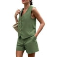 thumbnail image 2 of Women'S Summer 2 Piece Outfits Sleeveless Sets Button Down V Neck Vest Waistcoat and Pockets Shorts Army Green S, 2 of 9