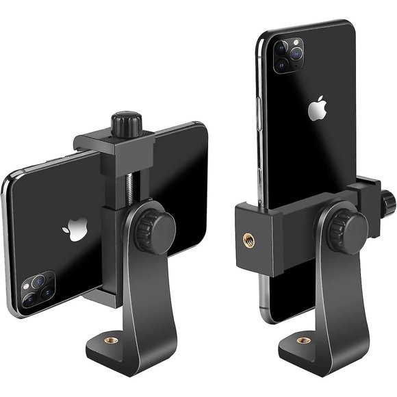 Adaptador de trípode vertical y horizontal con soporte giratorio y tornillo de 1/4"/clip ajustable para iPhone, teléfonos Android y palos de selfie.