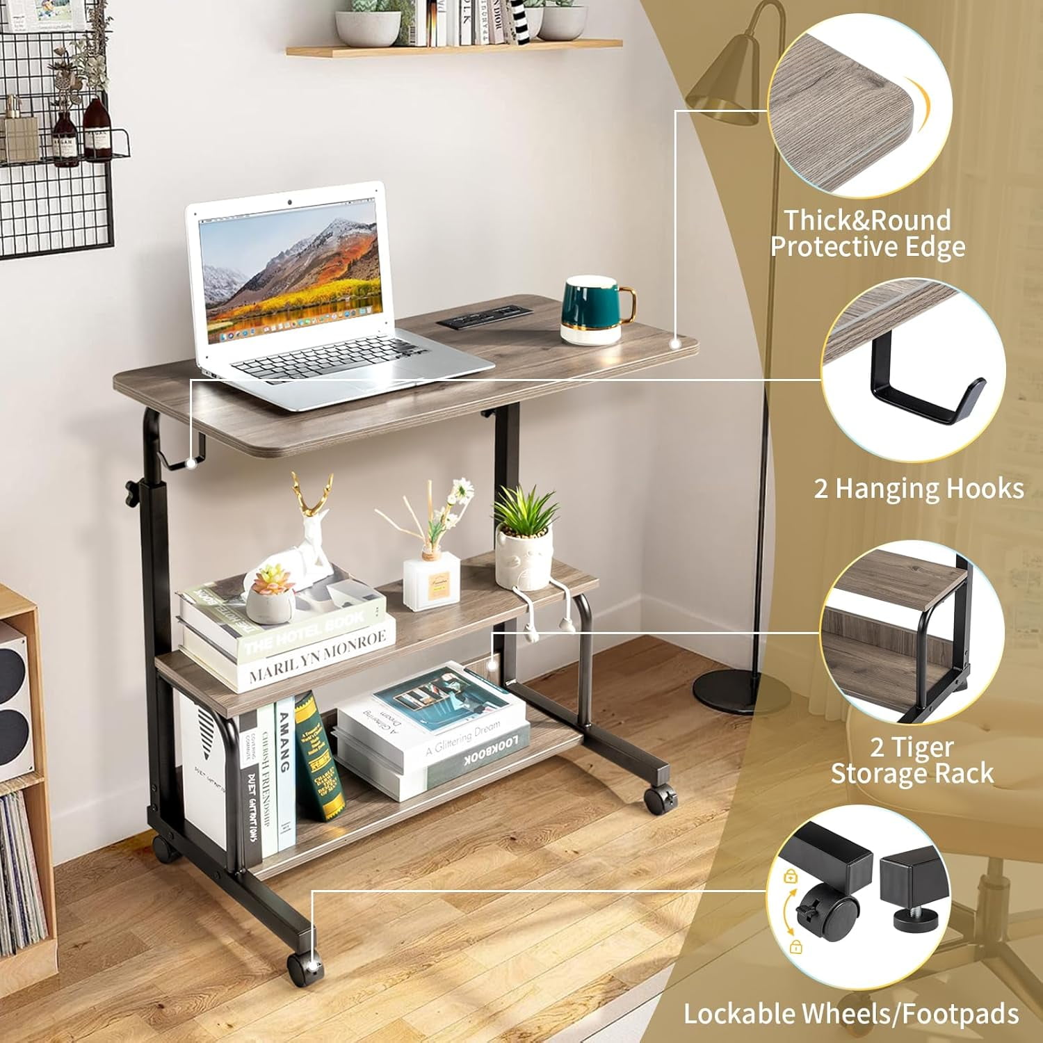 FCH 31.5" Mobile Small Standing Desk, Adjustable Height Mobile Computer Desk, w/2 AC Outlets + 3 USB Ports & Hooks, Storage Shelves, Suitable for Gaming, Studying, Home Office, Gray