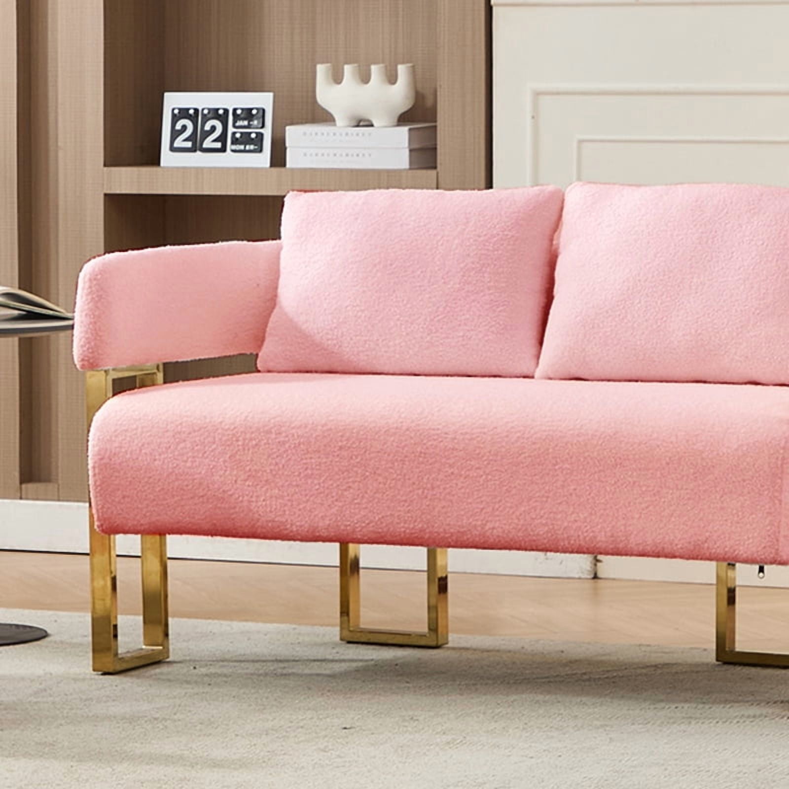 Modern Decorative Chair with Gold Metal Legs Pink Teddy Fleece Upholstered Living Room Side Chair for Dressing Area Reception Room Office