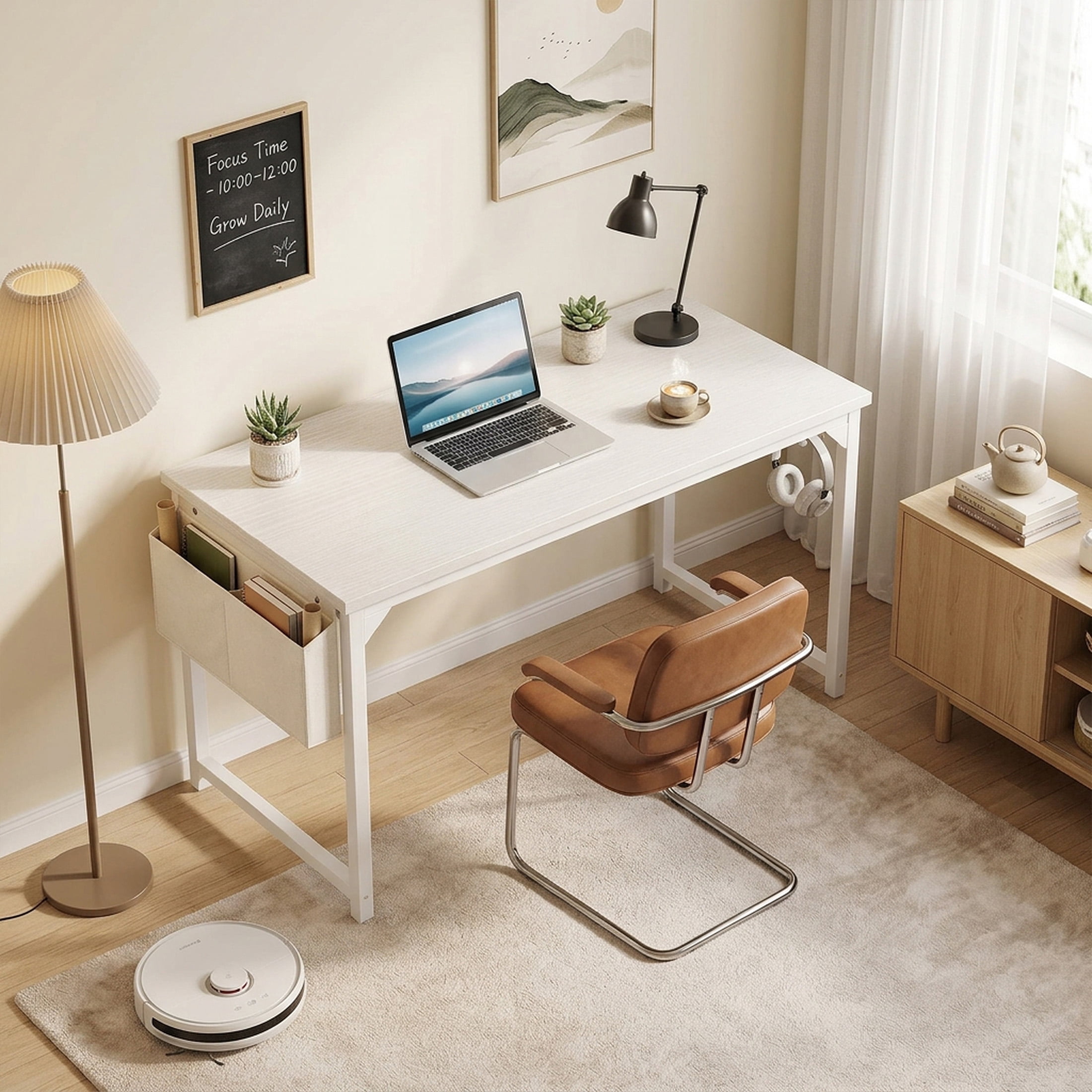 edx 63" Home Office Desk, Computer Desk with Storage Bag & Hook, Waterproof Top & Metal Frame, Modern Simple Study Writing Table for Bedroom, White