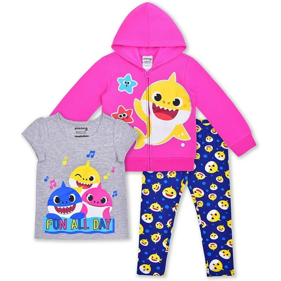 Baby Shark, Daddy Shark and Mommy Shark Girls 3 Piece Hoodie Short Sleeve and Legging Set, 4-6X