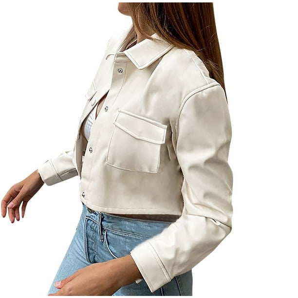 Chaquetas para mujer Abrigo corto de cuero con solapa de bolsillo grande de manga larga a la moda Odeerbi ODB-3