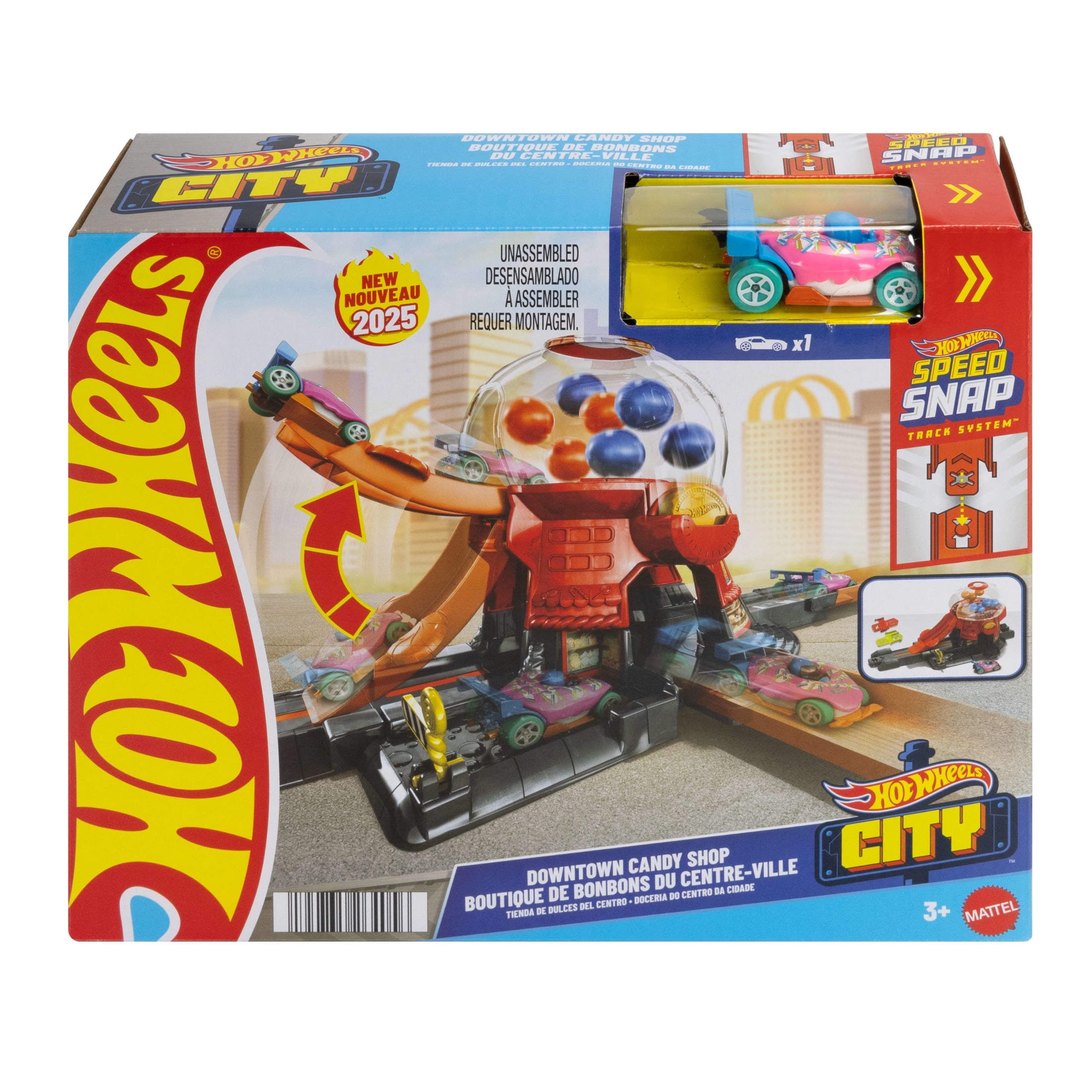 Hot Wheels Downtown Candy Shop Playset & 1:64 Scale Die-Cast Toy Car, Speed Snap Track