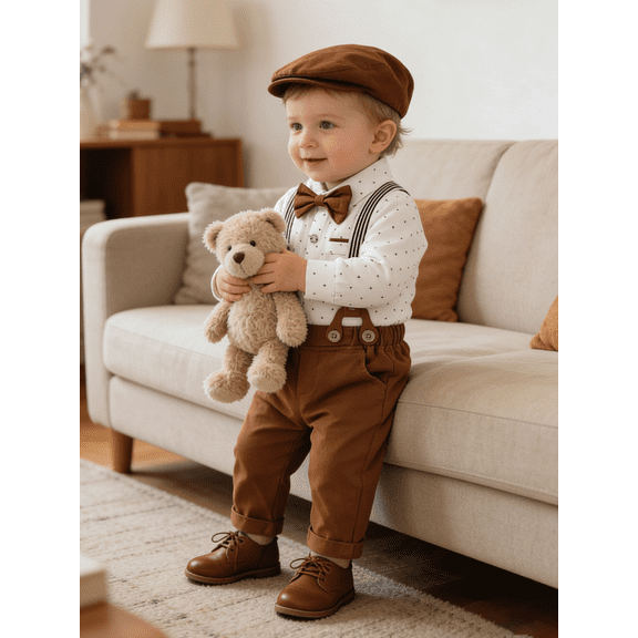 CARETOO Baby Boy Formal Clothes Outfit 0-24M Suspender Pants Bowtie Beret Hat Cotton Fabric 4pcs Set