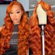 thumbnail image 1 of Peluca PIOGH, color naranja jengibre, 71 cm, cabello humano ondulado, 180% de densidad, 1 of 7