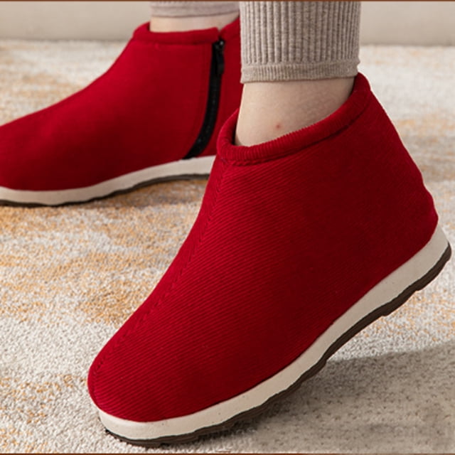Penkiiy Pantoufles Chaudes pour Femmes Chaussures Traditionnelles en Coton Chaussures d'Hiver Chaudes pour Femmes Chaussures en Tissu en Coton Faites à la Main Pantoufles Rouges Épaissies pour la Maison