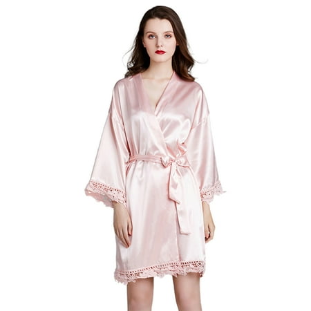

Womens Imitation Silk Kimono Robe Embroidery Floral Lace Trim Nightgown Solid Color Long Sleeve V-Neck Short Bathrobes
