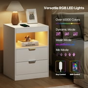 White Nightstand with LED Lights,Wireless Charging Station,2 Drawers, Modern Wooden Sofa Bedside Table,End Side Table with Pull-Out Shelf,Living Room Bedroom