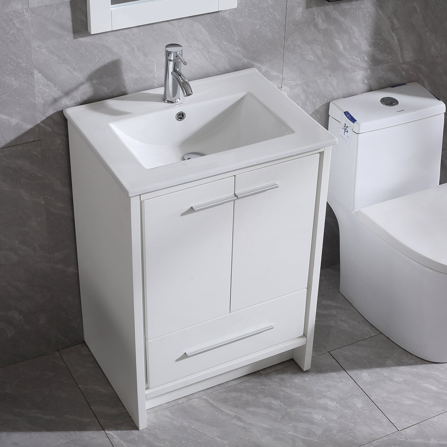 Wonline 24inch White Bathroom Vanity with Sink Stand Floor Cabinet White Ceramic Sink with Mirror Faucet