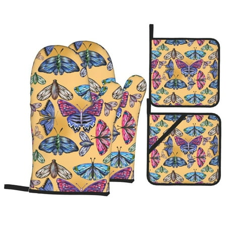 

Oven Mitts and Pot Holders 4 pcs Set Butterfly cute Heat Resistant Pot Holders Oven Mitts for kitchen Non-Slip Hanging Loop Oven Glove Potholders for Baking Cooking