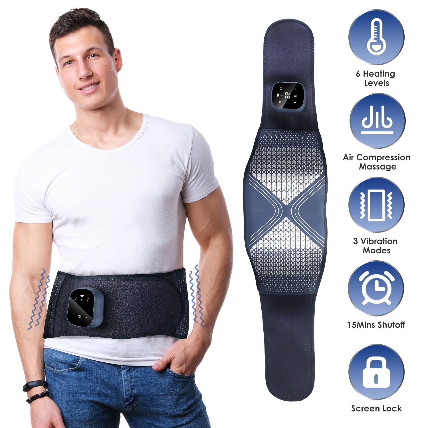 Cordless Heating Pad Lower Back Massager with Air Compression Vibration Heat Therapy for Sciatica Period Cramps Muscle Pain Relief Waist Belly Shoulder Knee Legs Adjustable One Size Fits All