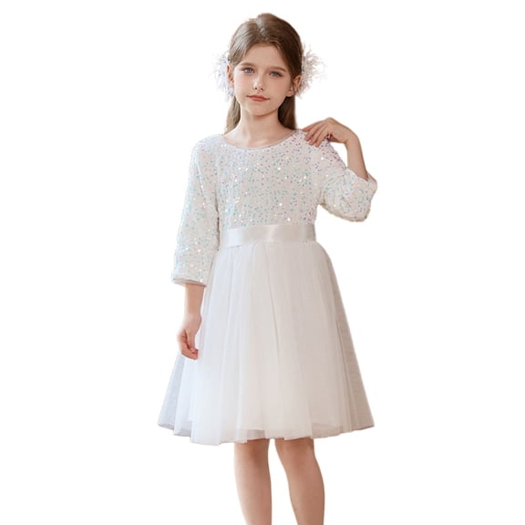 lnmuld Girls Cute Summer Dresses Elegant Girls Pageant Dress with Sequins for Performance Recital and Party Gown Color:White,Size:16-17 Years
