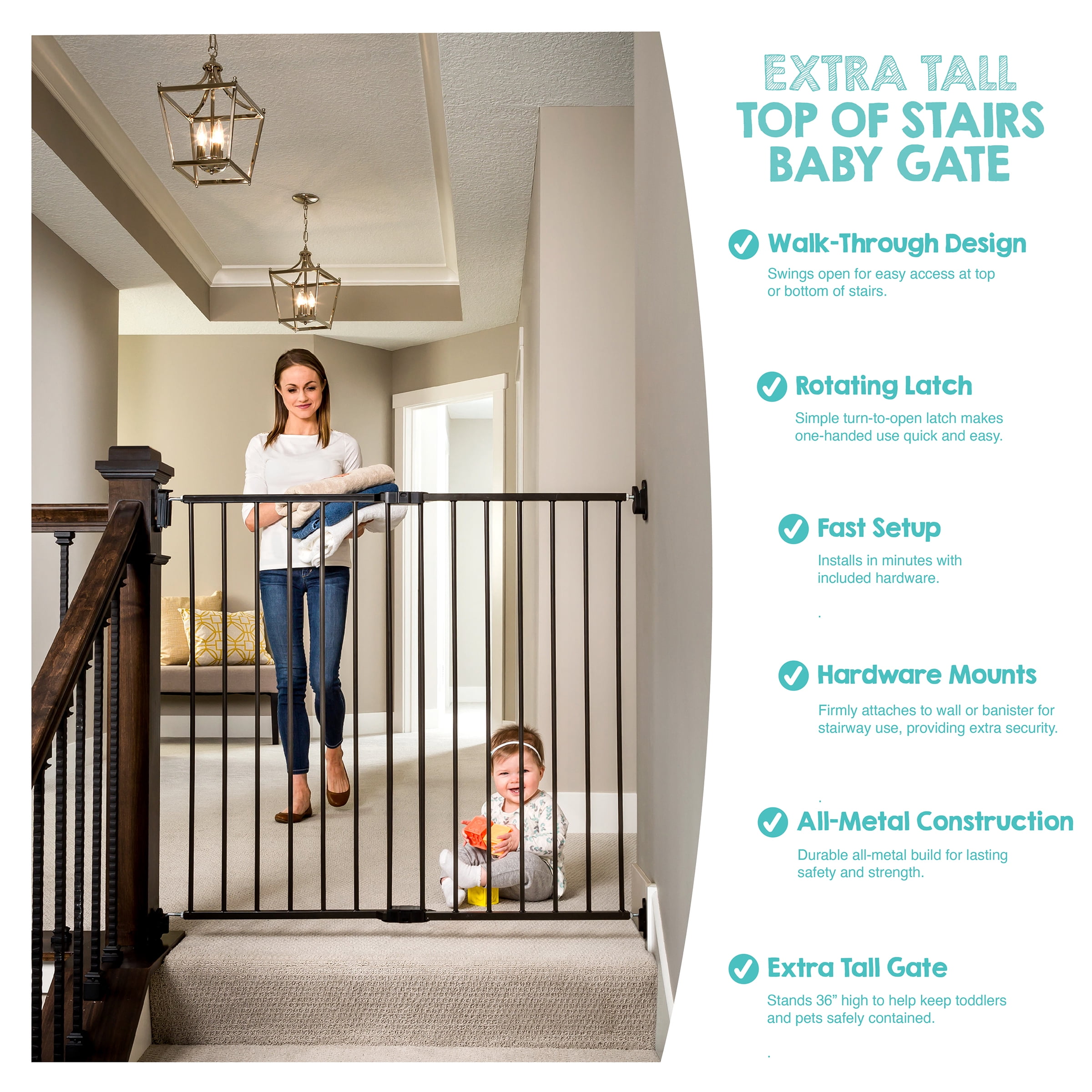 Regalo Extra Tall Baby Safety Gate for Stairways and Hallways, 38 Inch Tall, Black