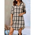 thumbnail image 4 of Women Lapel Plaid Long Sleeve Loose Button Down Shirt Dress White S, 4 of 9