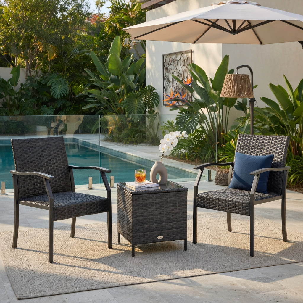 Hommoo 3-Piece All-Weather Wicker Patio Chair Set with Quick-Dry Foam Cushions & Tempered Glass Coffee Table, PE Rattan Outdoor Seating for Backyard, Poolside & Porch, Brown