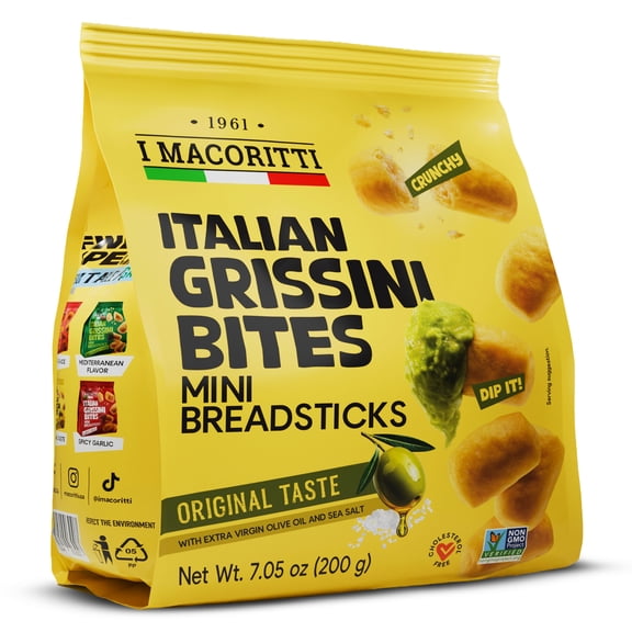 I Macoritti Italian Grissini Bites Original Taste with Extra Virgin Olive Oil Sea Salt Golden Crispy Breadsticks Authentic Snack 7.05 oz Bag Pack of 12 Total 84.6 oz