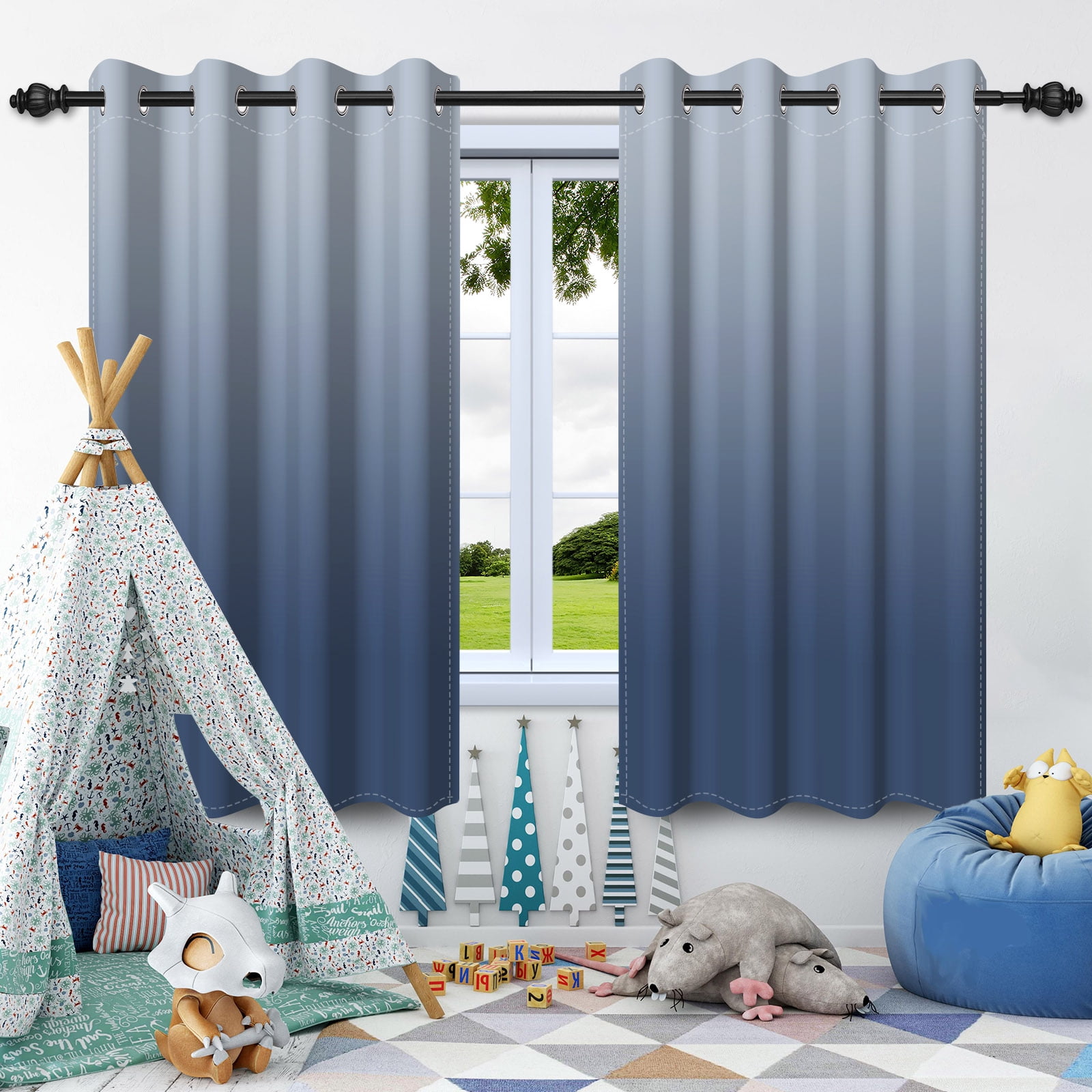 Nanqianyi Gray Blue Gradient Blackout Curtains with Grommet, Room Darkening Window Drapes for Living Room/Bedroom,2 Panels, 42x63 inches