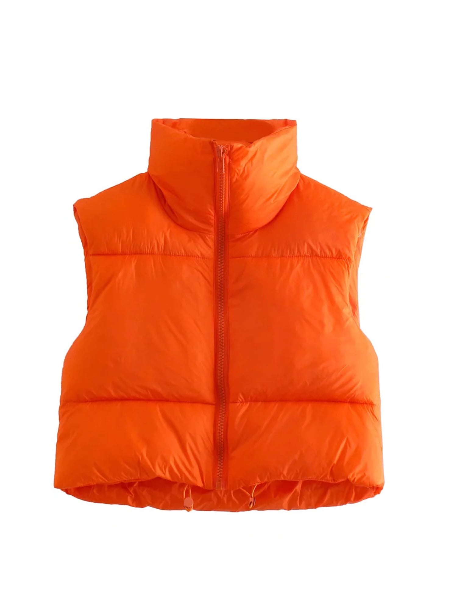 Grianlook Women Warm Stand Collar Gilet Solid Color Drawstring Puffer Vests  Work Sleeveless Jackets Orange XL