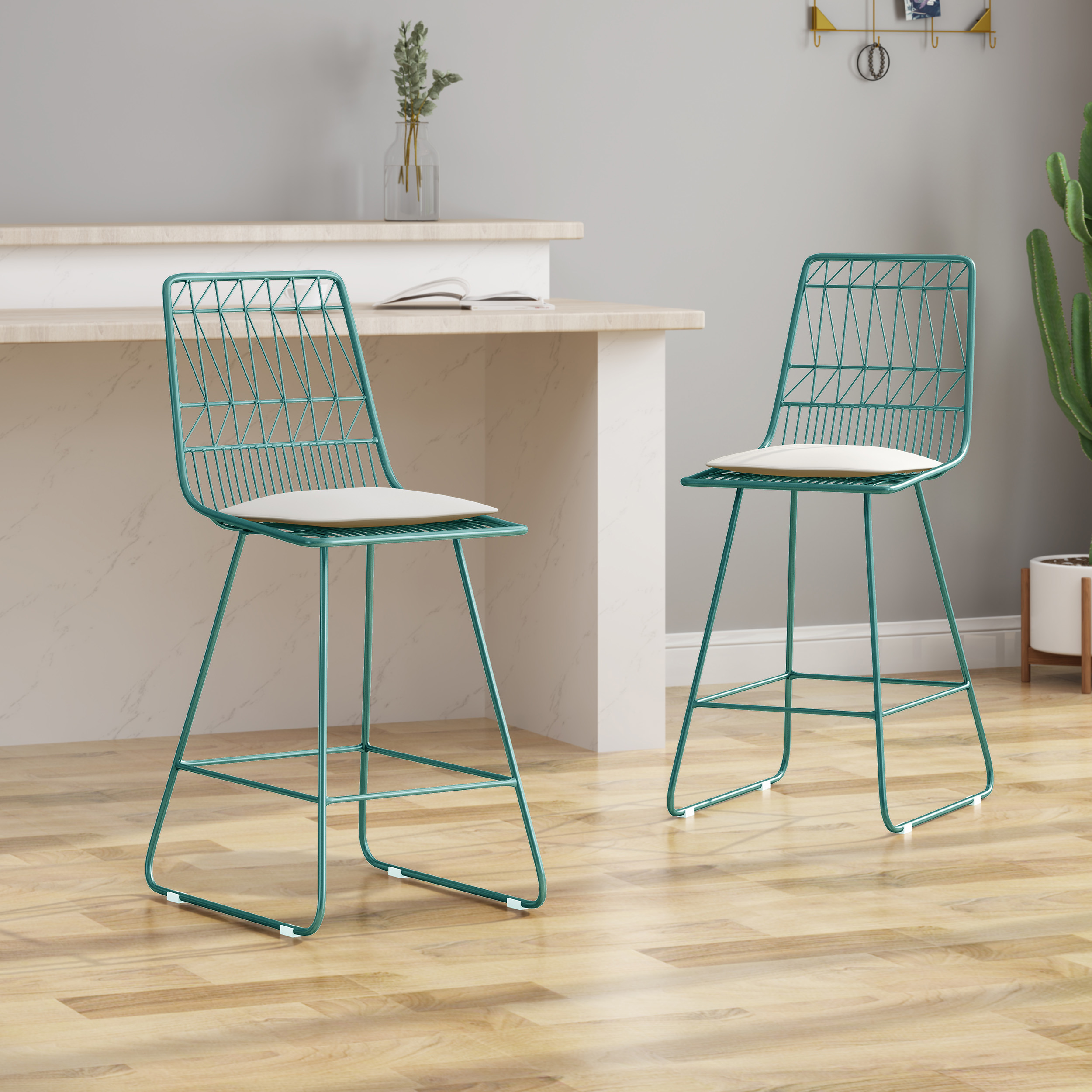 Outdoor Wire Frame Counter Stool Set of 2, Height Bar Seats for Patio Bar, Ivory