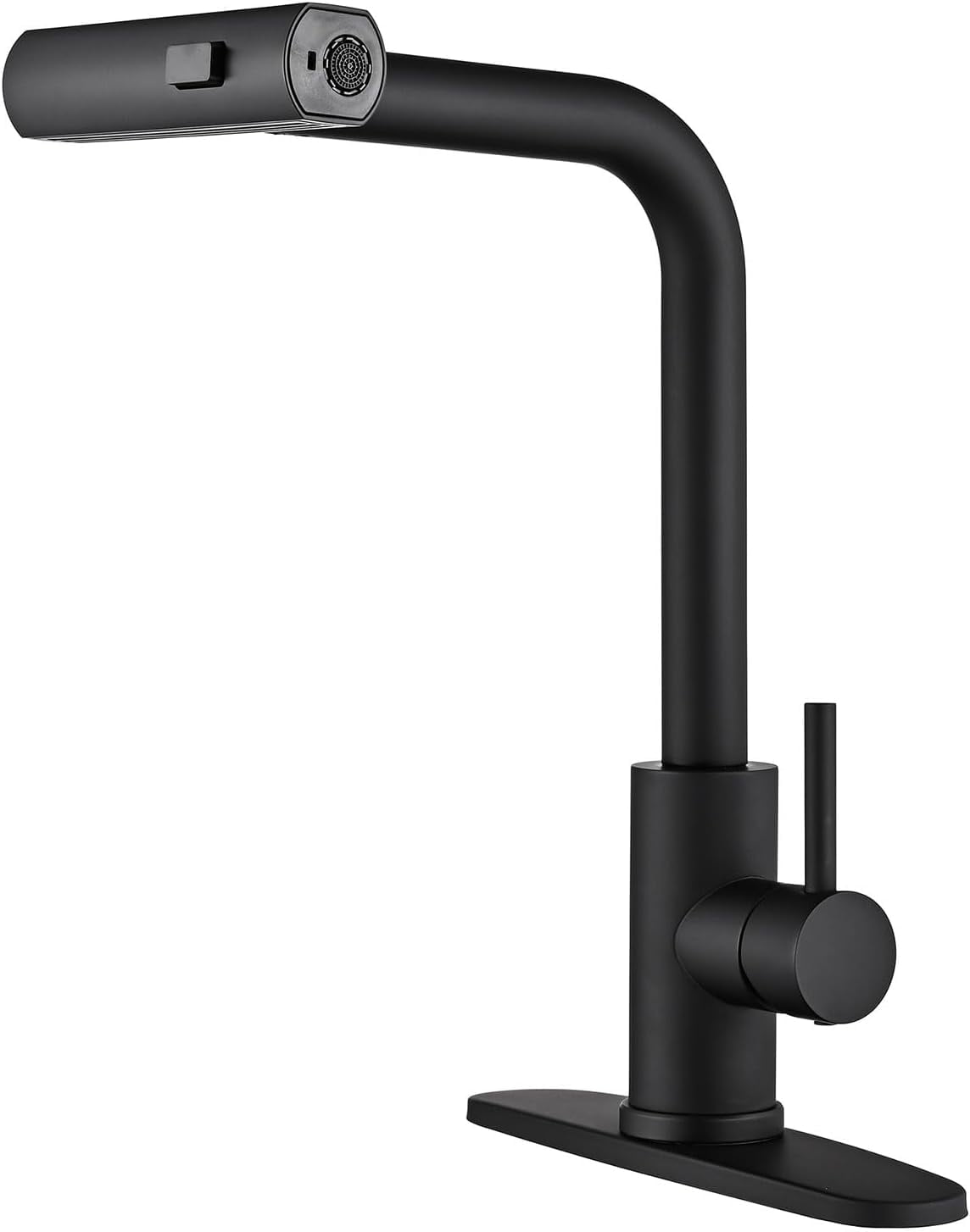 Kitchen Faucets with Pull Down Sprayer Matte Black, 3 Mode Kitchen Sink Faucet with Deck Plate for Farmhouse RV Vessel Basin