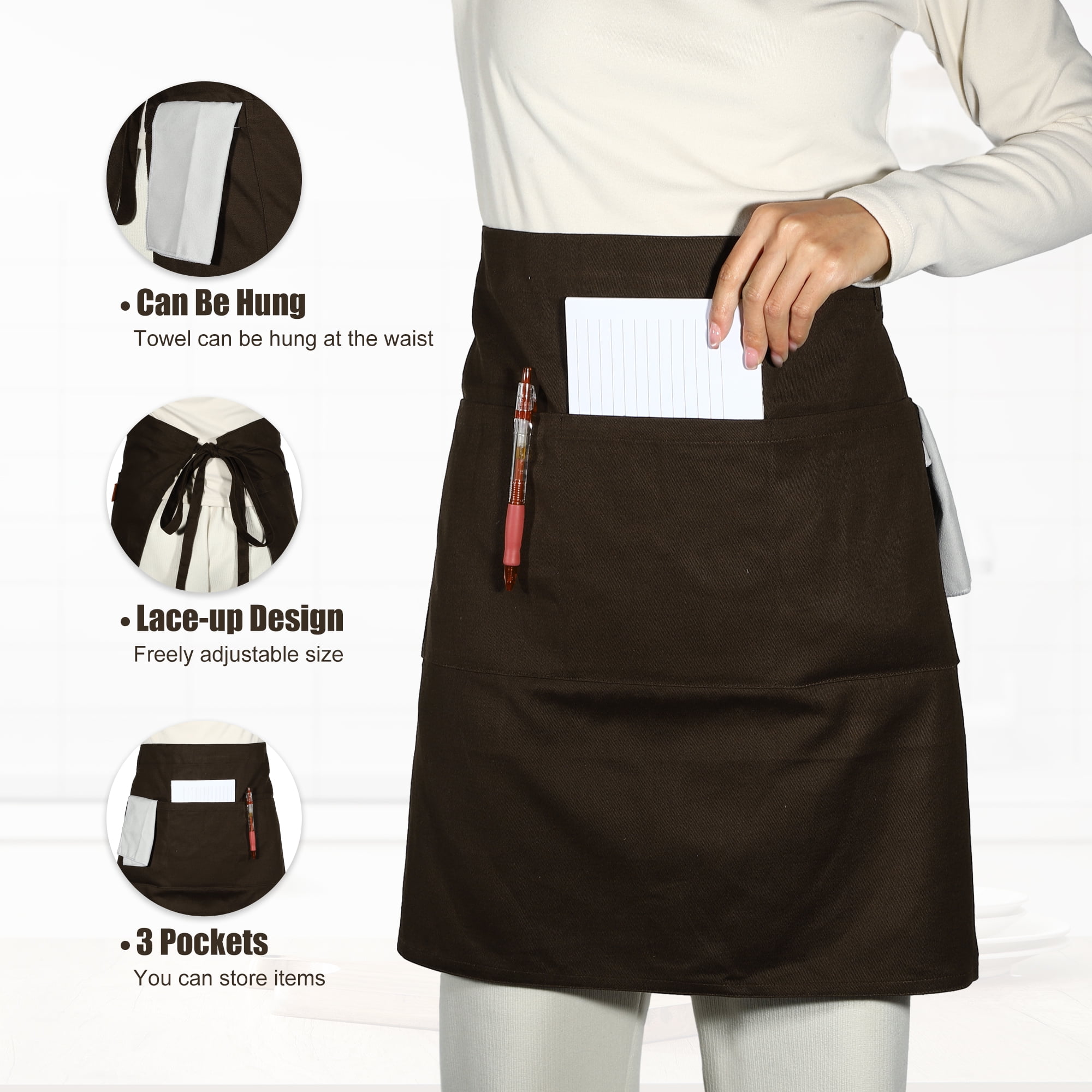 Unique Bargains Serving Cooking Versatile Waist Apron with Pockets Coffee Color