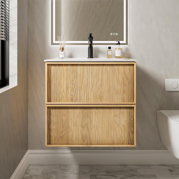 24 Inch Floating Bathroom Vanity with Sink, Pre-Assembled Natural Oak Fluted Front Multi-Layer Solid Wood Bathroom Sink Vanity, Wall Mounted with Integrated Stone Top and 2 Soft Close Drawers