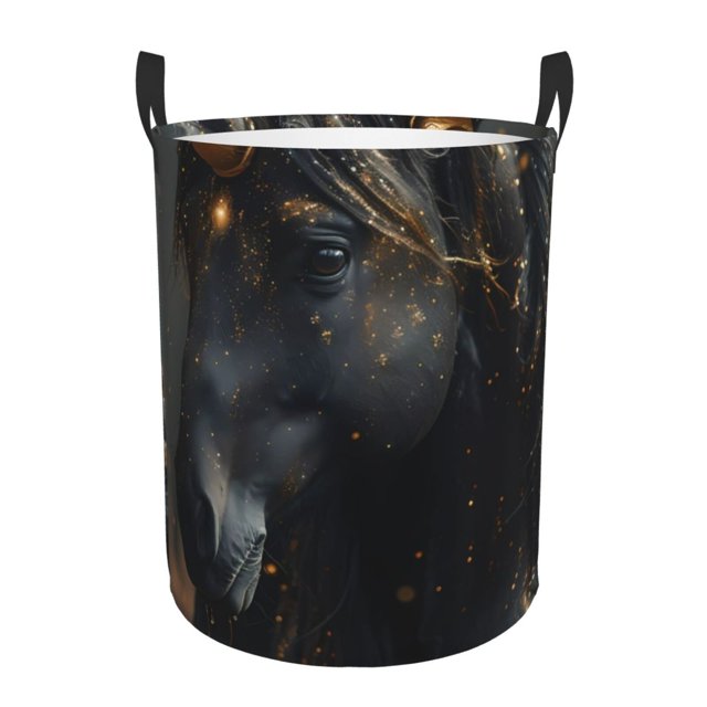 Fotbe Black And Gold White Horse Cesto de Ropa con Asas, Cesto Impermeable de Gran Capacidad, Bolsa de Lavado para Dormitorio, Cesto de Ropa con Ruedas y Asas-Medium