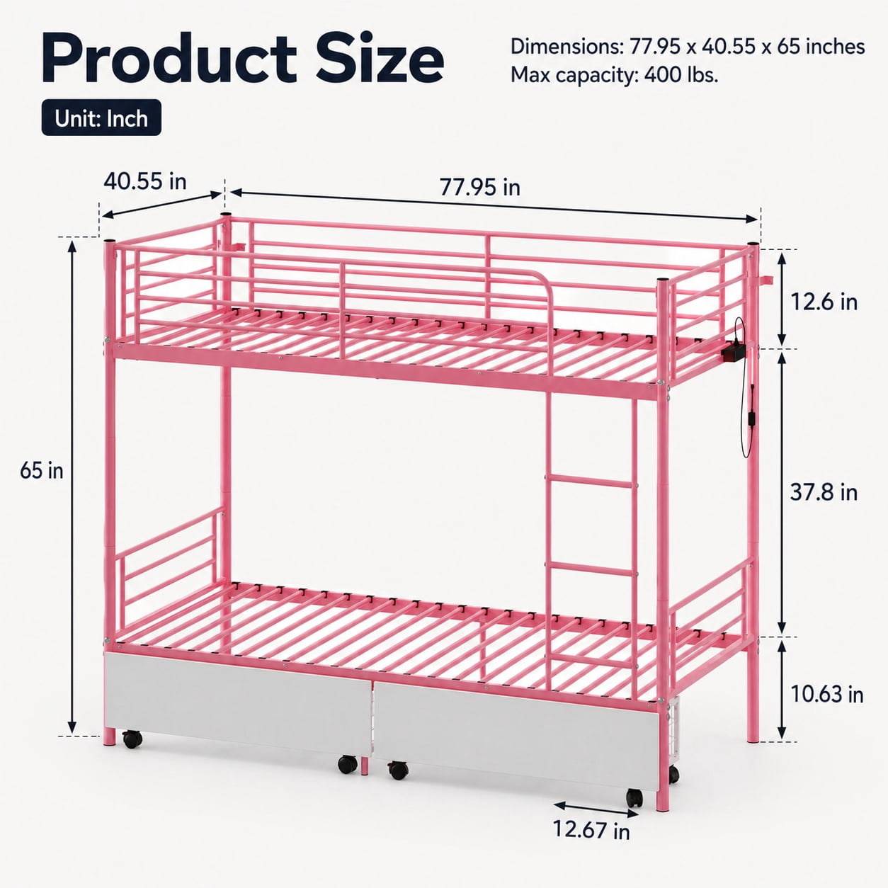 Miniyam Twin Over Twin Metal Bunk Bed with Storage Drawers, Convertible Bunk Bed with Guardrails, Ladder, Pink
