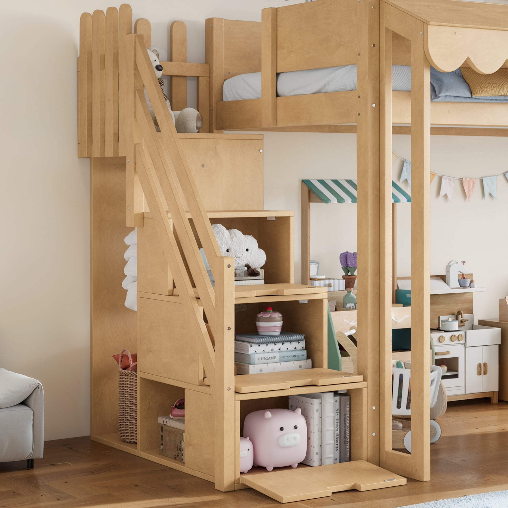 Leumius Twin over Twin Size Playhouse Loft Bed with Storage Stairs, Solid Wood Loft Bed with Pretend Convenience Store Counter, Convertible Underbed Space for Sleep or Play Natural