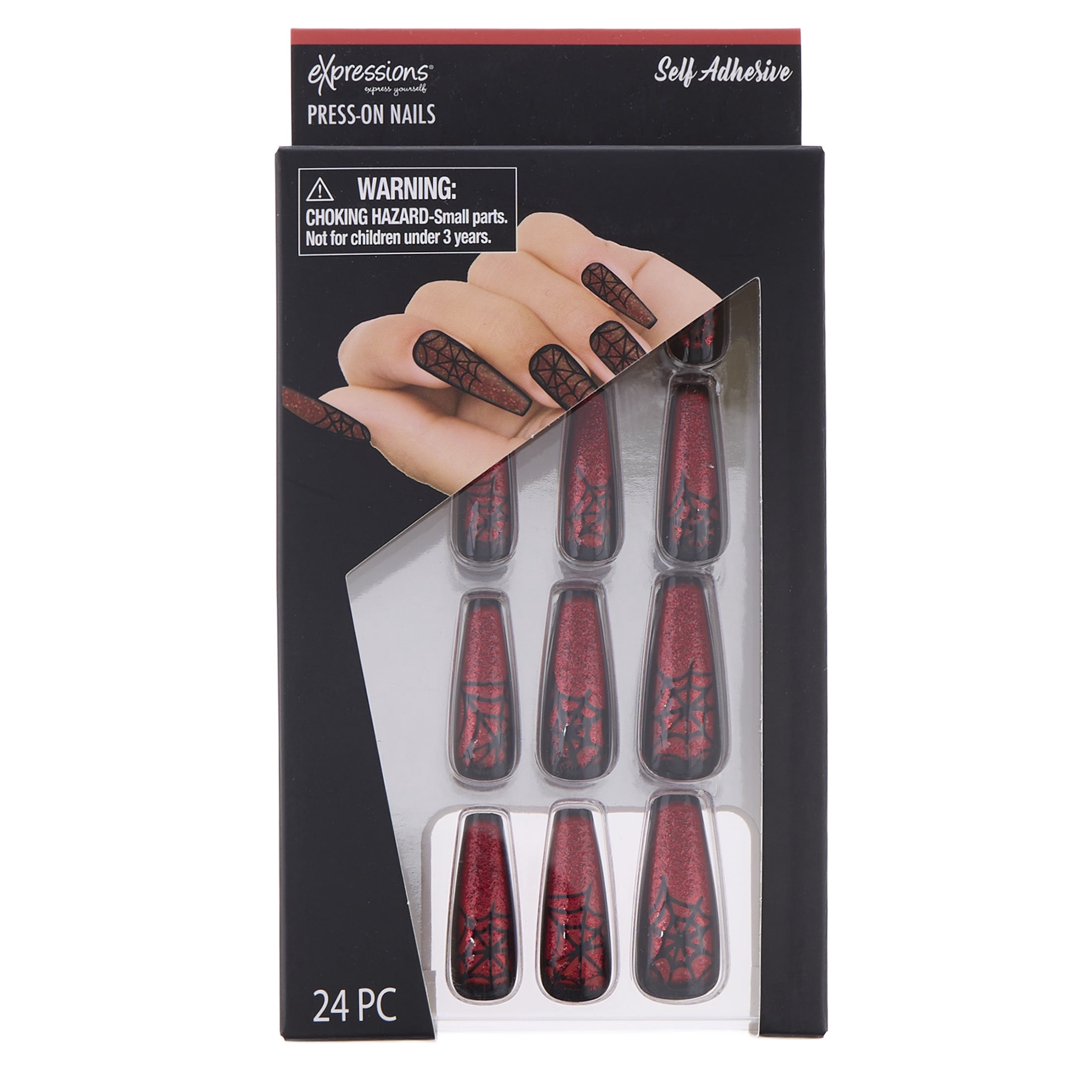 Expressions 24-Pack Self Adhesive Halloween Press-On Nails - Red Glitter & Spiderwebs