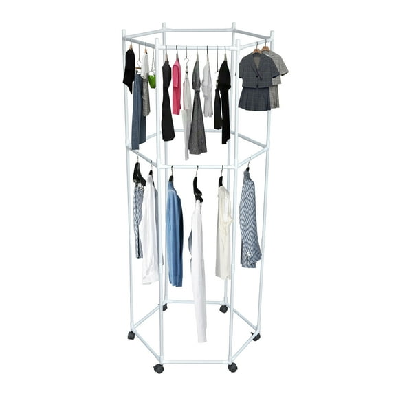 HOONGKAI Clothing Garment Rack,2 Tiers Hexagonal Clothes Rack with 6 Universal Wheels,Floor-Standing Metal Clothes Organizer for Easy Storage(White)