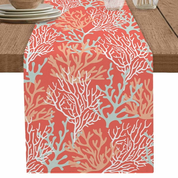 Orange Coral Red Table Runner 90 Inches Long for Dining Table Decor,Abstract Beach Ocean Sea Summer White Burlap Linen Farmhouse Table Runner Coffee Table Runners Dresser for Kitchen Party Holiday