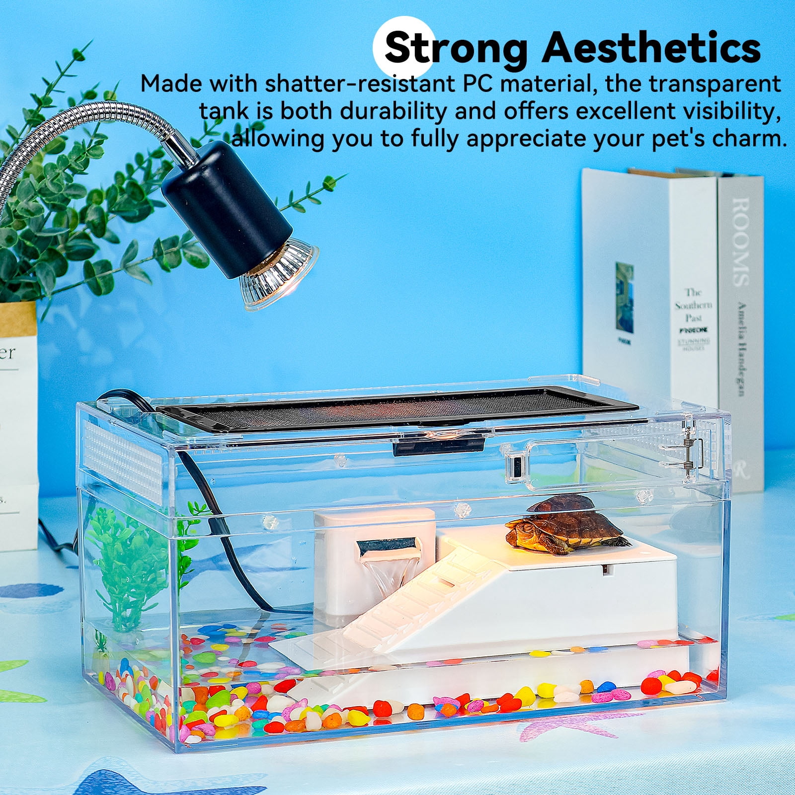 12x6x7 Turtle Starter Kit High-Definition Aquatic Turtle Tank with Heating Lamp, Filter, Advanced Ventilation & High-Temp Resistance for Turtle Terrarium Habitat