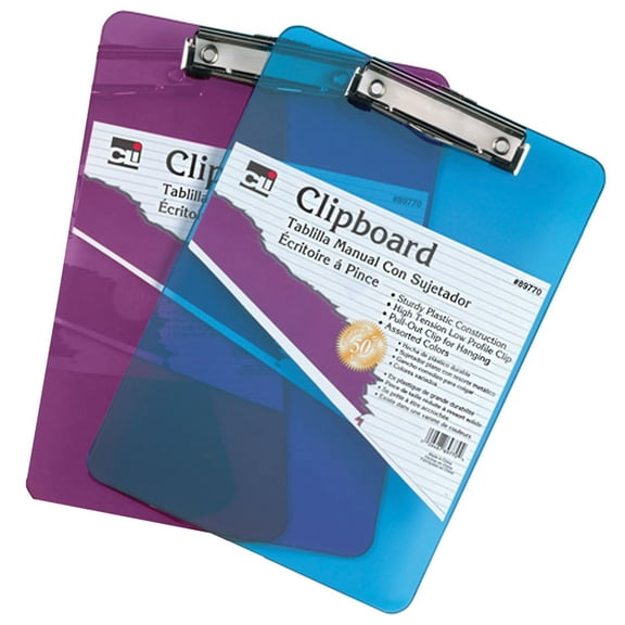 Charles Leonard Transparent Plastic Clipboard, Low Profile Clip & Pull Out Hook, Letter Size, Assorted Neon Colors, Pack of 2
