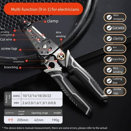 

High-Quality Efficient Versatile 8-Inch Wire Stripper Tool with 9 Essential Functions for Precise Cutting Stripping Splitting and Winding - Includes Accessories for Effortless Wire Wor
